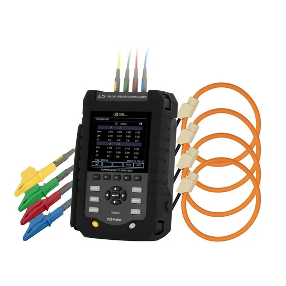PCE Instruments Power Analyzer hálózat analizáló készülék 3 fázisú, 1 fázisú adatgyűjtő funkcióval, lakatfogóval, Energ