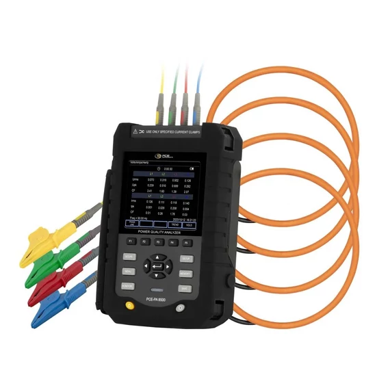 PCE Instruments Power Analyzer hálózat analizáló készülék 3 fázisú, 1 fázisú adatgyűjtő funkcióval, lakatfogóval, Energ