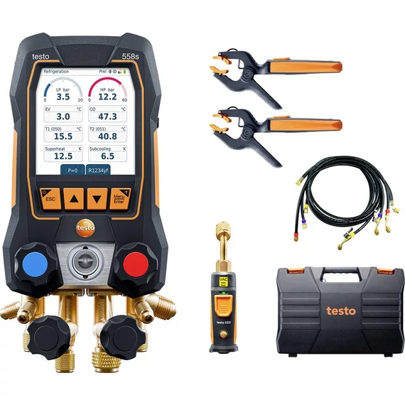testo 558s okos vákuum szett - Alkalmazásvezérelt digitális szervizcsaptelep vezeték nélküli vákuum- és hőmérséklet-érzékelővel és 4 tömlős feltöltő szettel